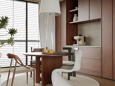 Modern Restaurant Interior With Large Windows White Pendant Lamp Round Dining Table And Brown Cabinets 3d model