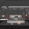 Modern Bedroom Interior Design With Marble Wall Dark Headboard Bed Nightstand Table Lamp And Rug