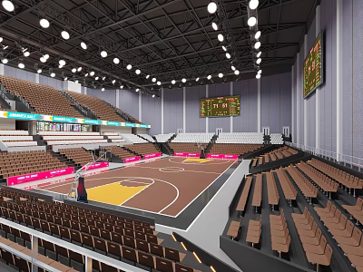 Modern Basketball Arena Interior With Seating Areas Court Scoreboard And Lighting Design 3d model