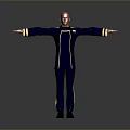 Game Movie Character With Bald Head In Gray Uniform And Gold Accents Standing Arms Outstretched