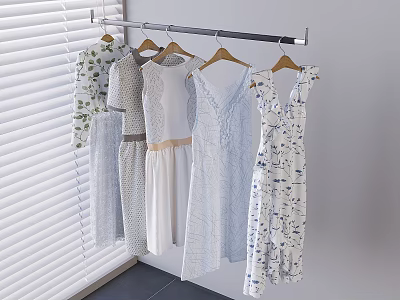Stylish Wall Mounted Clothing Rack with Various Dresses and White Window Blinds 3d model