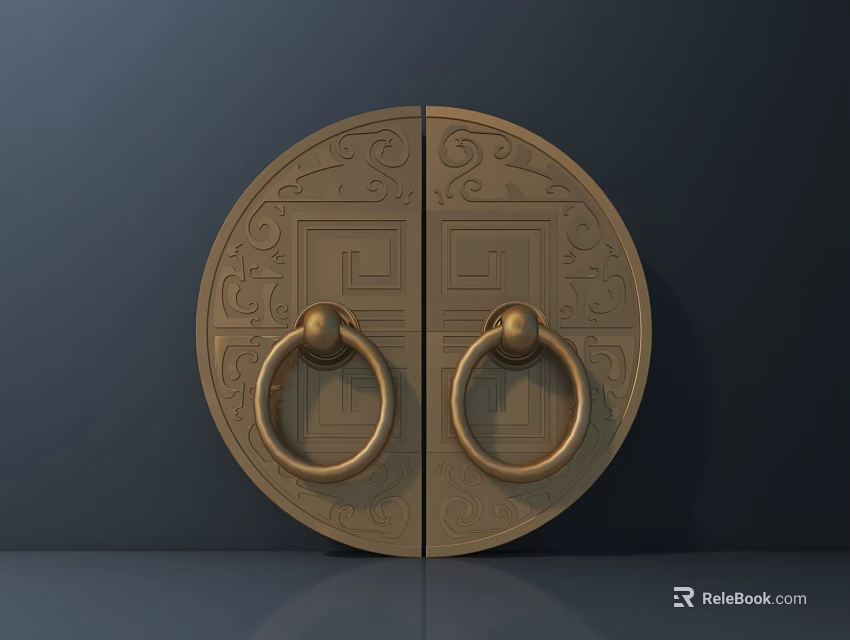 Antique Style Brass Circular Door Handle With Ornate Carved Patterns And Decorative Rings 3d model 