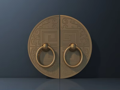 Antique Style Brass Circular Door Handle With Ornate Carved Patterns And Decorative Rings 3d model