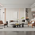 Modern Living Room Interior With Light Gray Sofa Brown Armchairs Round Coffee Table And Fireplace
