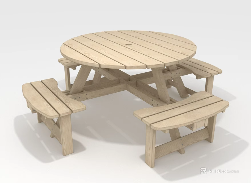 Wooden Round Picnic Table with Attached Benches Natural Wood Outdoor Furniture 3d model 