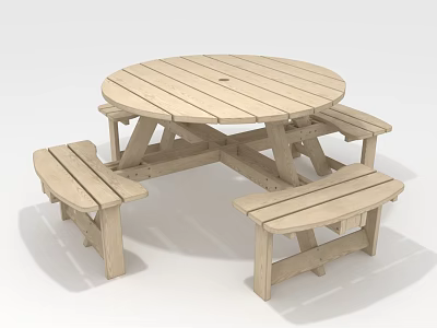 Wooden Round Picnic Table with Attached Benches Natural Wood Outdoor Furniture 3d model