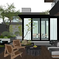 Modern Backyard Garden With Wooden Deck Outdoor Furniture And Green Plants