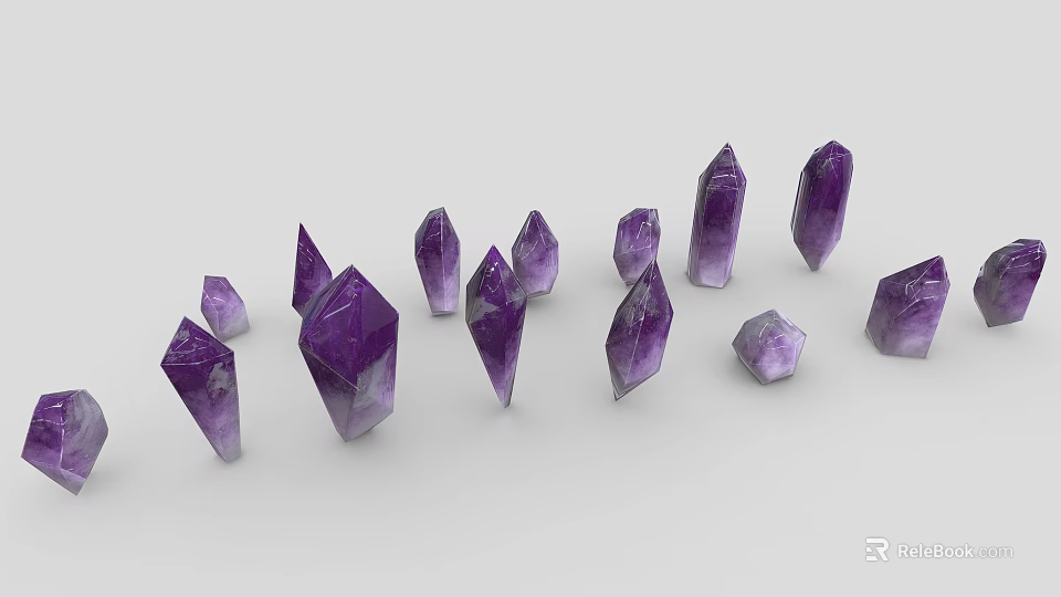 Multiple Amethyst Crystals Showcased On White Background With Various Shapes 3d model 