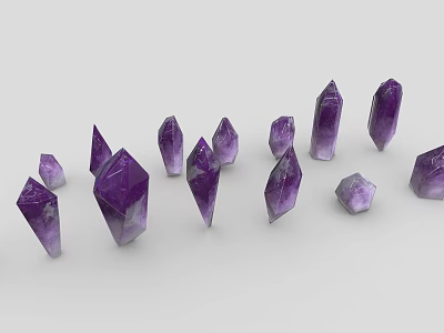 Multiple Amethyst Crystals Showcased On White Background With Various Shapes 3d model