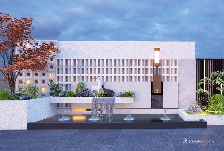 White Feature Wall With Grid Design Wall Lamp Water Feature And Green Plants In Courtyard 3d model 