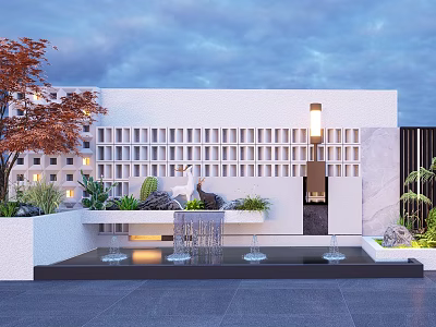 White Feature Wall With Grid Design Wall Lamp Water Feature And Green Plants In Courtyard 3d model