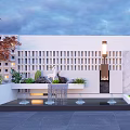 White Feature Wall With Grid Design Wall Lamp Water Feature And Green Plants In Courtyard