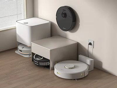 Smart Cleaning Machines In Modern Home Setting With Various Robotic Vacuums And Charging Docks 3d model