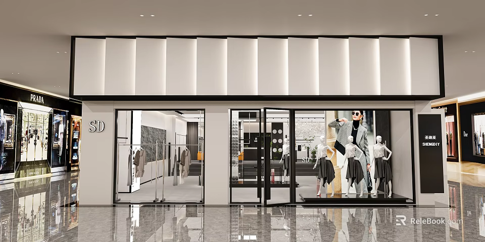 Modern Clothing Store Facade With Glass Doors And Fashionable Mannequins In Window 3d model 