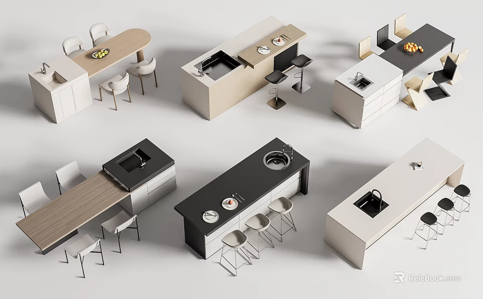 Modern Bar Interior Design With Wooden Black White Countertops And Stools 3d model 