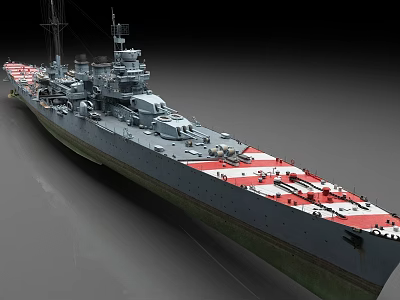 Gray Battleship With Red And White Striped Deck Turret And Military Equipment 3d model