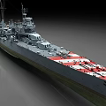 Gray Battleship With Red And White Striped Deck Turret And Military Equipment