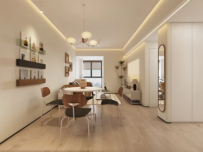 Modern Open Dining Living Room Interior With Dining Table Chairs Pendant Lights And Wall Shelves 3d model