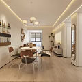 Modern Open Dining Living Room Interior With Dining Table Chairs Pendant Lights And Wall Shelves