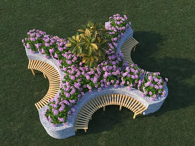 Wooden Curved Outdoor Chair Surrounded by Purple Flowers and Palm Plant on Green Grass 3d model