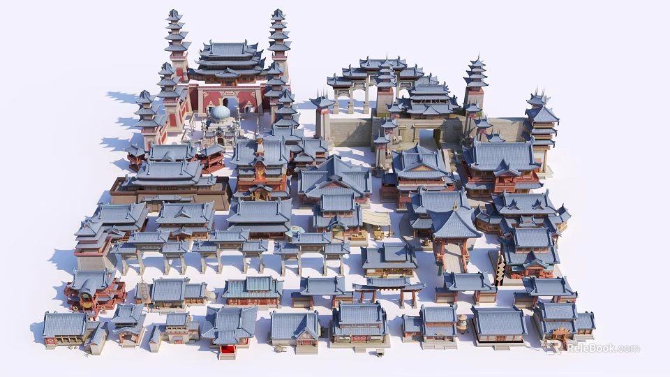 Traditional Ancient Architecture Complex With Classic Tile Roofs And Pagoda Towers 3d model 