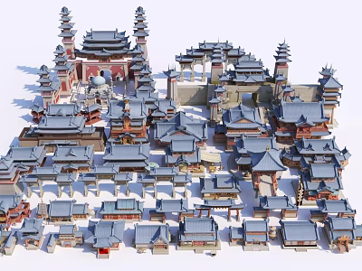 Traditional Ancient Architecture Complex With Classic Tile Roofs And Pagoda Towers 3d model