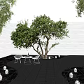 Commercial Landscape Design Featuring Trees White Chairs Circular Water Features And Black Modern Flooring