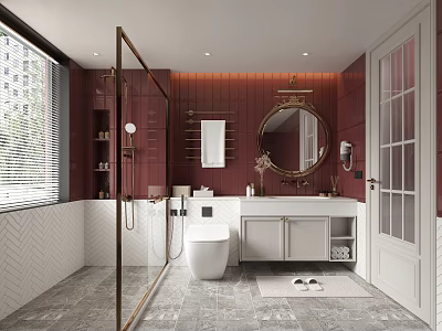 Elegant Modern Bathroom With Red Walls Glass Shower White Vanity Mirror And Marble Flooring 3d model