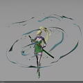 Anime Character Blonde Twin Tails Green Purple Outfit Holding Green Staff Blue Energy Vortex