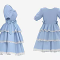 Blue Dress With Puffed Sleeves Layered Skirt Lace Trim And Bow Accent