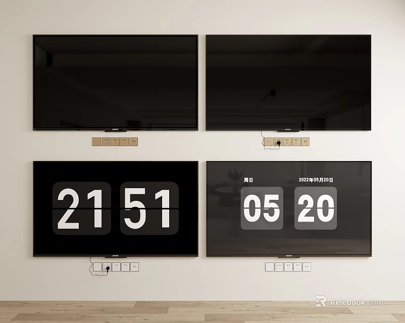 Four Wall Mounted Televisions With Black Screens And Digital Time 3d model