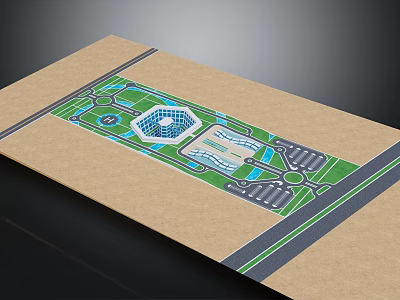 Cartoon Style Public Area Layout Scene with Green Lawns Blue Water Buildings and Roads 3d model