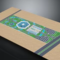 Cartoon Style Public Area Layout Scene with Green Lawns Blue Water Buildings and Roads