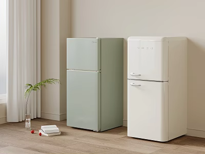 Light Green And White Double Door Refrigerators In Home Interior With Wooden Floor Decor 3d model