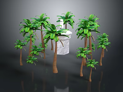Green Palm Trees With Brown Trunks And Lush Green Leaves Surrounding White Cube 3d model
