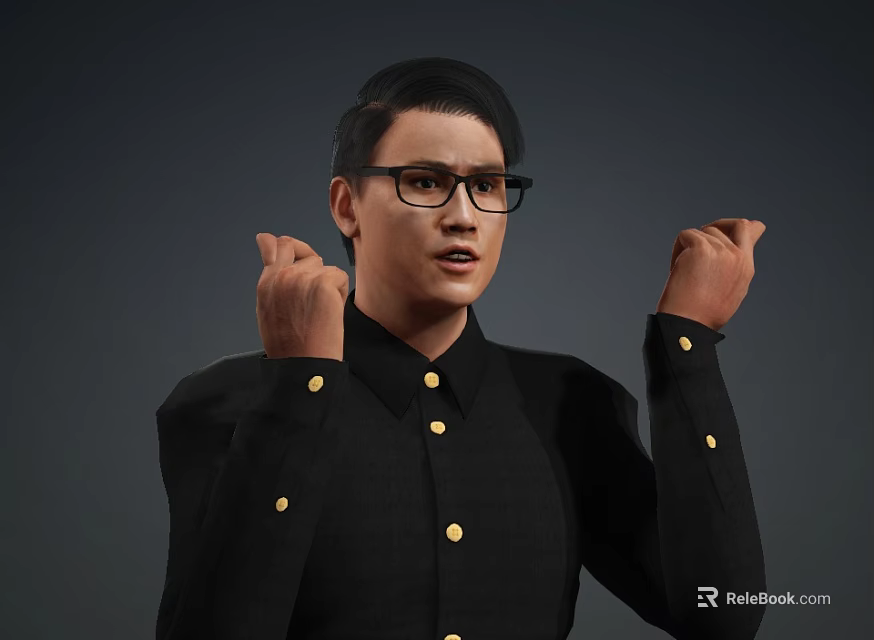 Man Wearing Glasses And Black Shirt With Gold Buttons Raising Hands Gesturing 3d model