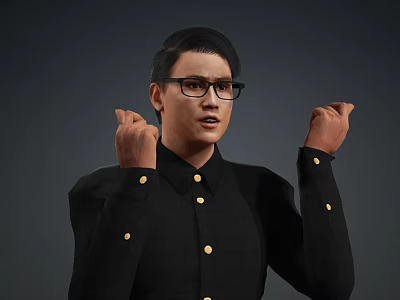 Man Wearing Glasses And Black Shirt With Gold Buttons Raising Hands Gesturing 3d model