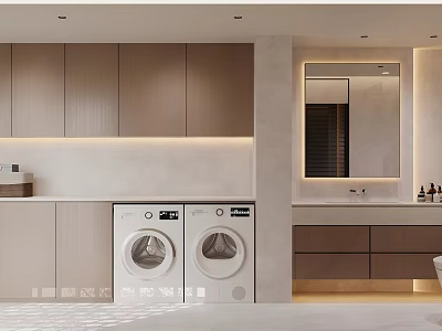 Modern Home Balcony Interior With Washing Machines Cabinets Mirror And Sink 3d model