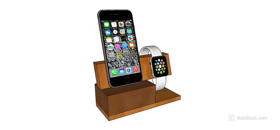 Wooden Stand Holder For Mobile Phone And Smartwatch With App Icons 3d model 
