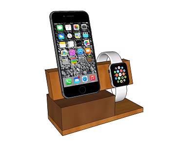 Wooden Stand Holder For Mobile Phone And Smartwatch With App Icons 3d model