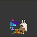 Purple Haired Character with Pink Crown and Rabbit Ear Headband Character near Carrot Shapes