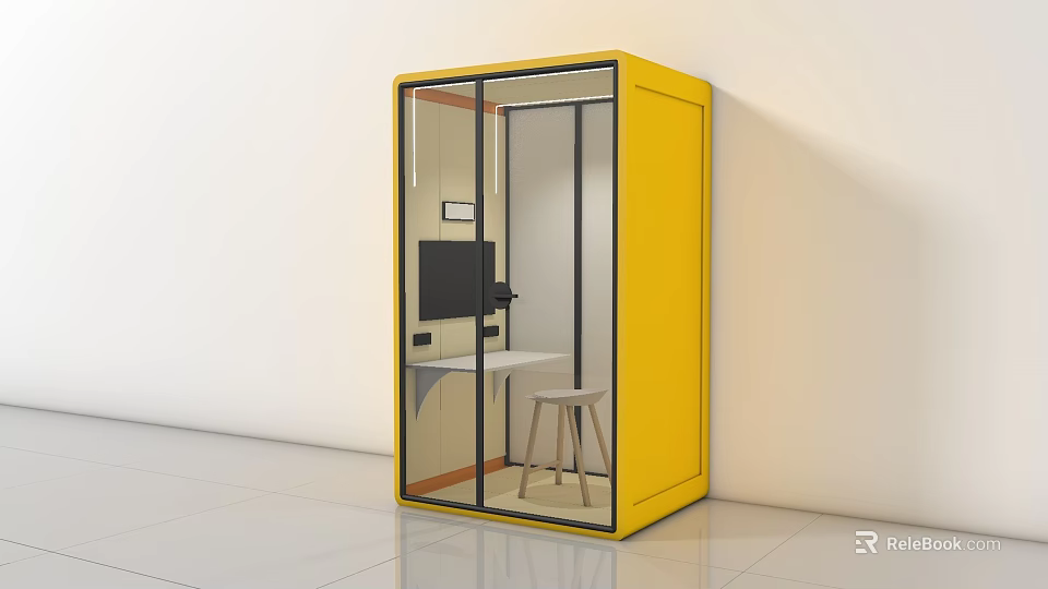 Yellow Office Pod With Glass Door Workstation Table Stool And Monitor 3d model 