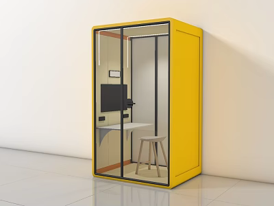 Yellow Office Pod With Glass Door Workstation Table Stool And Monitor 3d model