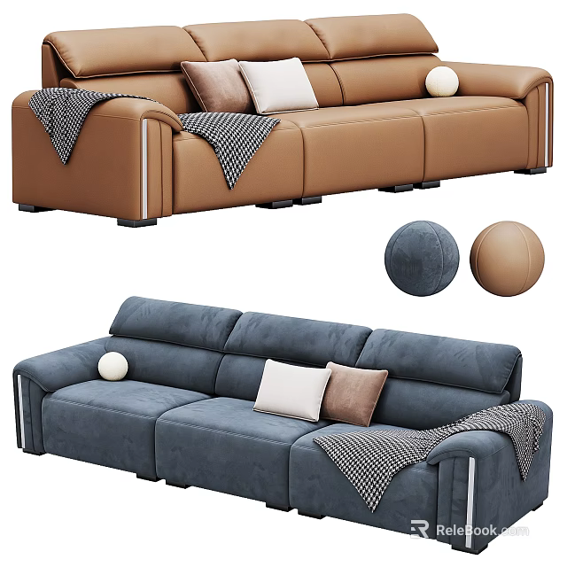 Brown And Blue Three Seater Sofas With Pillows Throw Blanket And Decorative Balls 3d model 