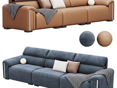 Brown And Blue Three Seater Sofas With Pillows Throw Blanket And Decorative Balls 3d model