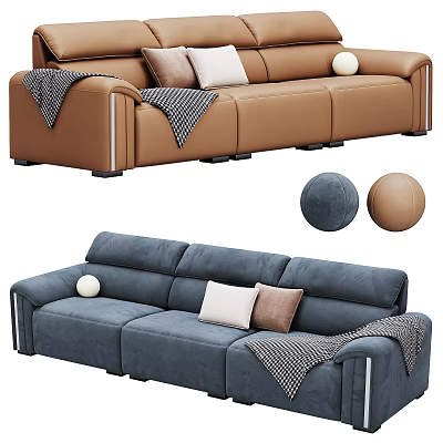 Brown And Blue Three Seater Sofas With Pillows Throw Blanket And Decorative Balls 3d model