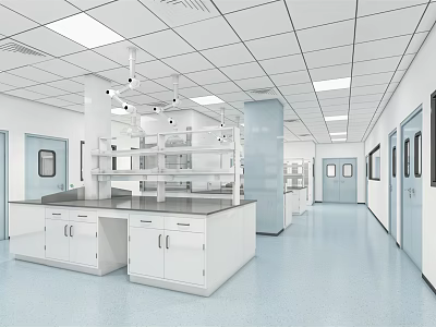 Modern Laboratory Interior With White Lab Benches Cabinets Blue Flooring And Ceiling Lights 3d model