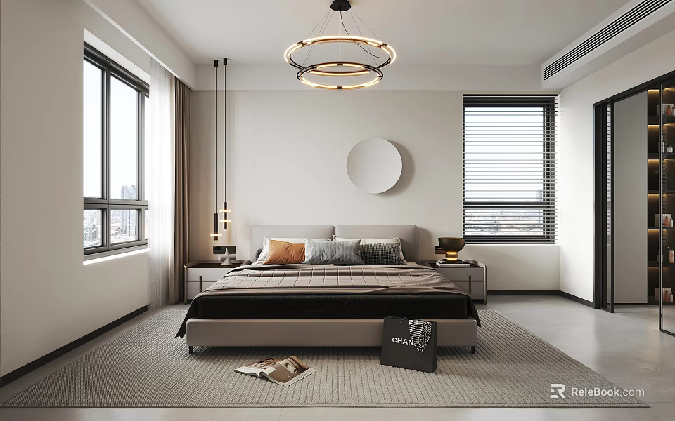 Modern Bedroom Interior Design With Circular Chandelier Round Wall Decor And Area Rug 3d model 