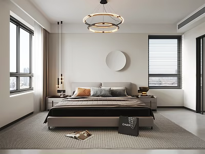 Modern Bedroom Interior Design With Circular Chandelier Round Wall Decor And Area Rug 3d model