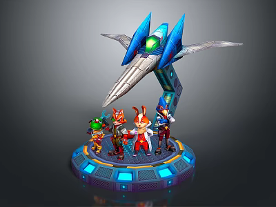 Game Movie Characters Standing On Circular Platform With Blue Silver Mechanical Device Green Energy Core 3d model